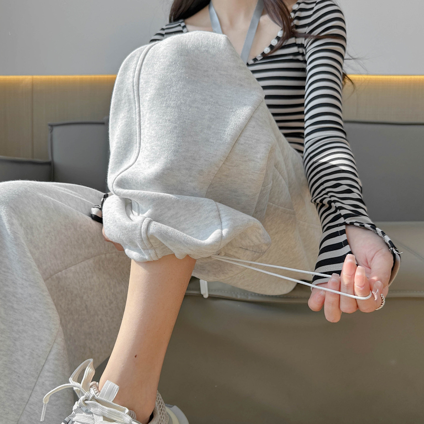 弯刀运动裤女春季宽松抽绳束脚两穿卫裤小个子阔腿梧桐裤