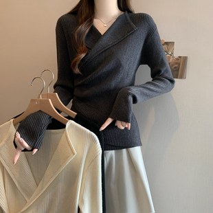 女高级感掐腰打底毛衣修身 针织衫 显瘦上衣 翻领长袖 实拍胖mm新款
