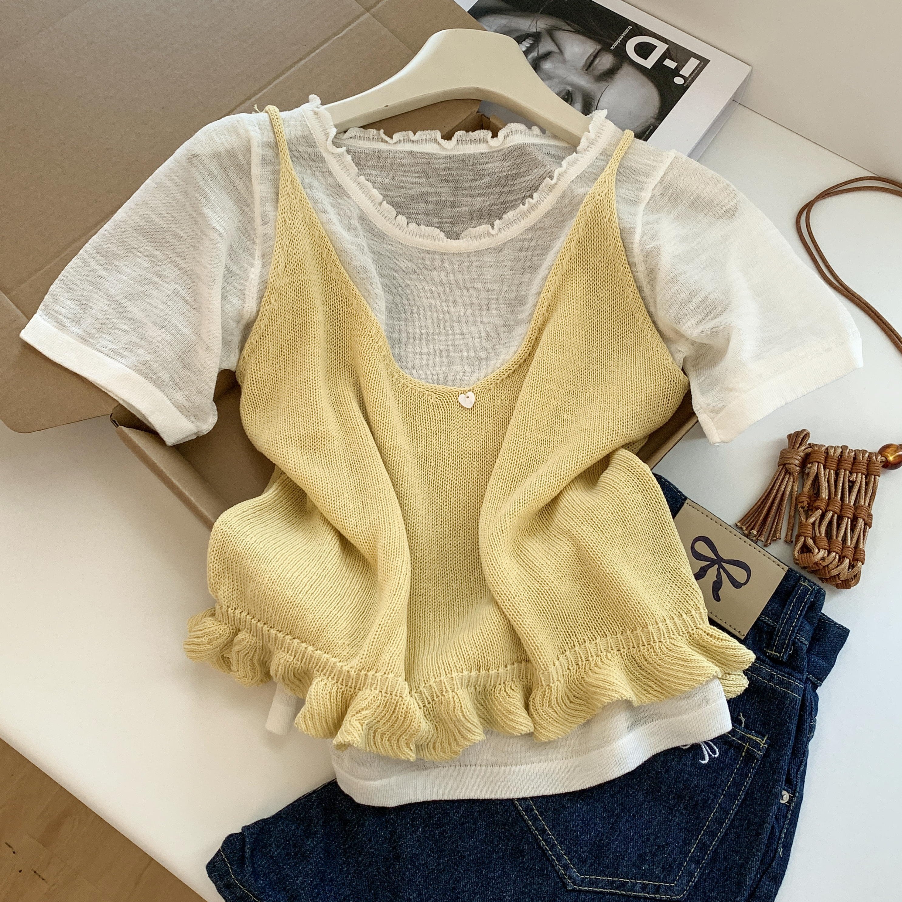 实拍~甜美荷叶边针织吊带短袖套装女春夏温柔减龄叠穿两件套