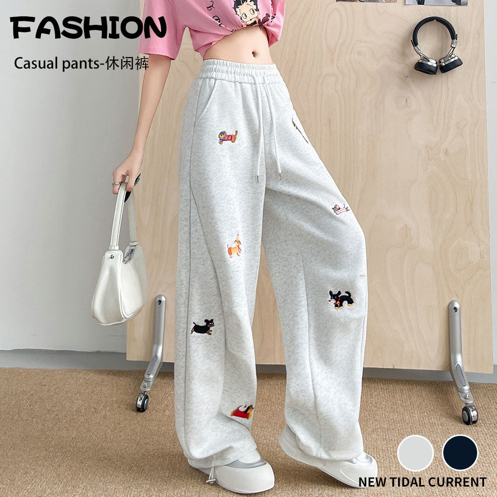 实拍2026春夏新款慵懒风卡通绣花弯刀裤女两穿休闲裤百搭运动卫裤