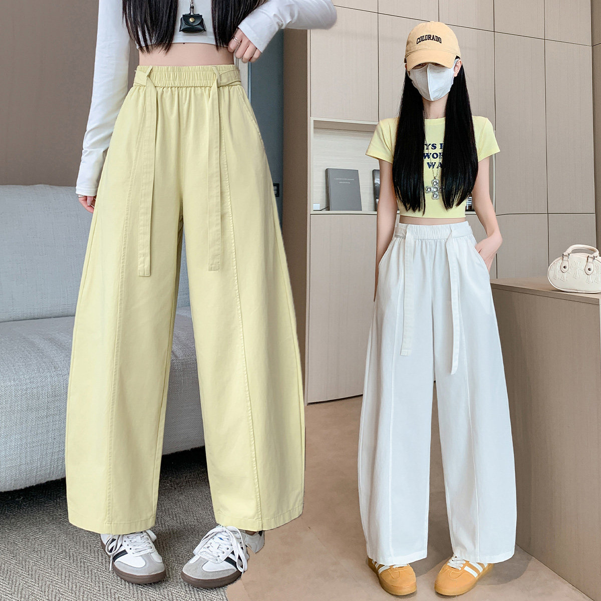 2026新款春季阔腿裤子韩版系带弯刀休闲裤女梨型身材高腰显瘦长裤