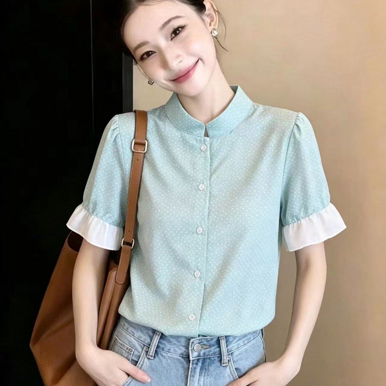 实拍  2026新中式国风女浅绿色立领圆点短袖衬衫新款荷叶袖上衣夏