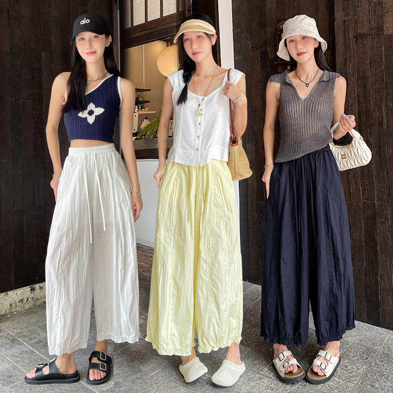 实拍黄色花苞裤女夏季新款高腰宽松显瘦垂感花边灯笼裤休闲阔腿裤