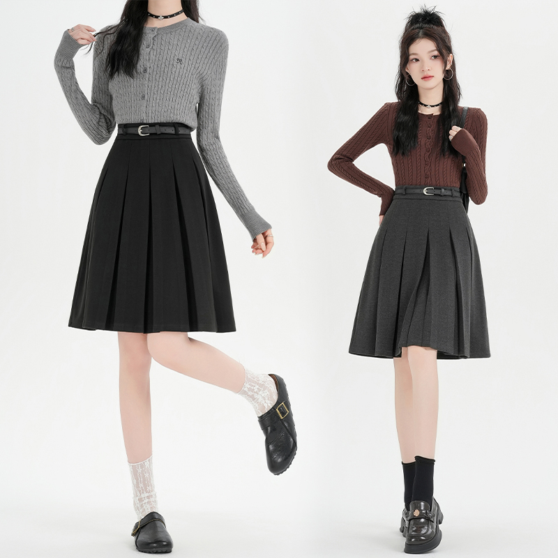 实拍灰色毛呢复古百褶半身裙女秋冬新款高腰a字五分中裙西装裙子