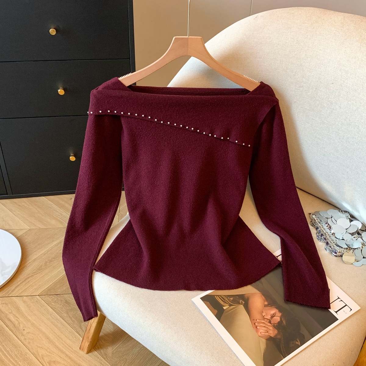 实拍2025秋冬新款打底方领毛衣荷叶边斜领钉珠内搭针织衫上衣