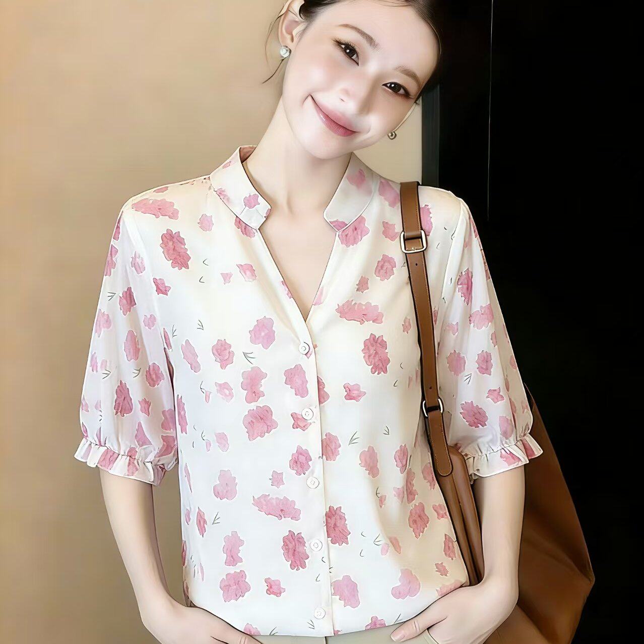 实拍实拍 有货2026夏季法式粉色碎花V领雪纺衬衫洋气甜美半袖上衣