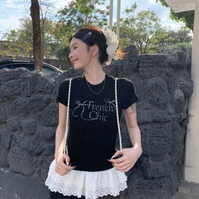 实拍 大码胖MM夏季新款蝴蝶结烫钻花边短袖T恤修身显瘦正肩上衣