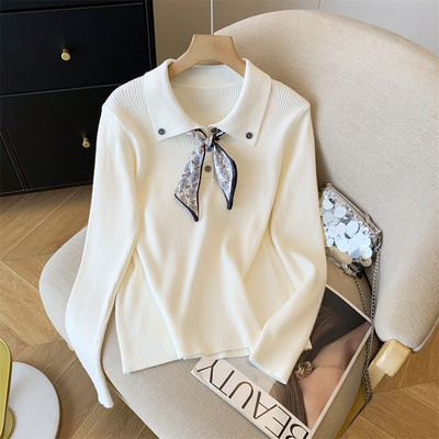 实拍4色大货高级感丝巾POLO领长袖针织衫修身女减龄显瘦气质上衣