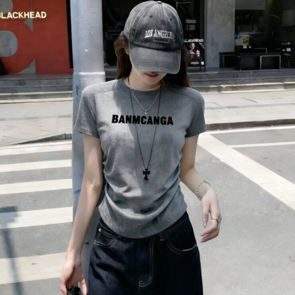 实拍2026夏季新款下摆收腰修身韩版英文字母圆领T恤上衣女