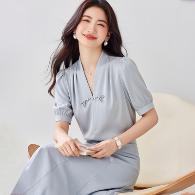 实拍 复古新中式V领盘扣短袖衬衫女装夏季新款轻国风缎面小衫上衣