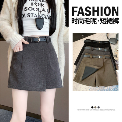 实拍厚毛呢料短裙裤女秋冬外穿小个子a字靴裤2025新款不规则短裤