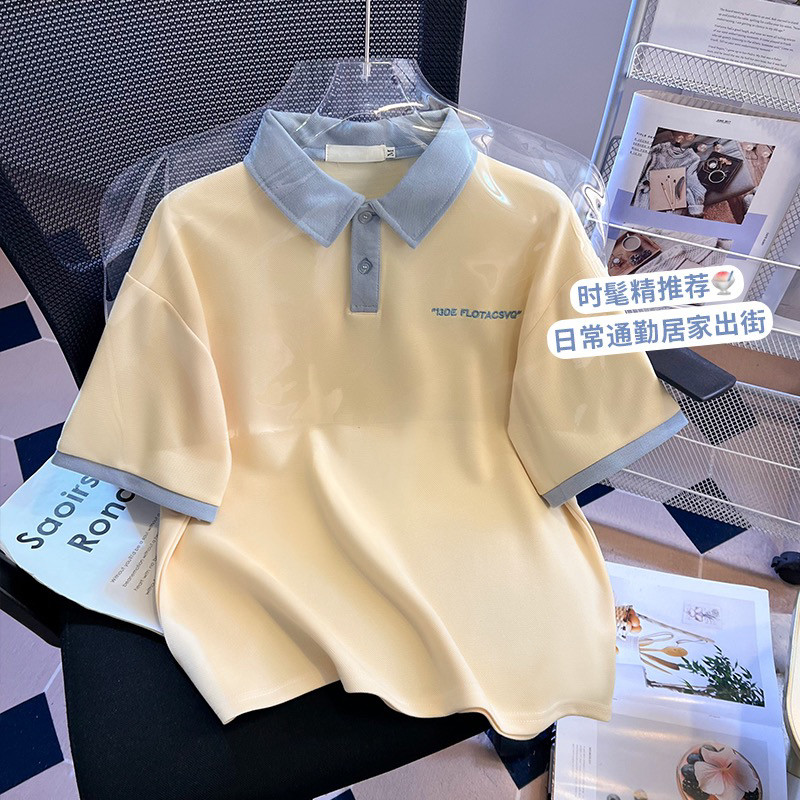 实拍蓝色polo领刺绣字母宽松拼色短袖T恤女2026夏学院风翻领小衫