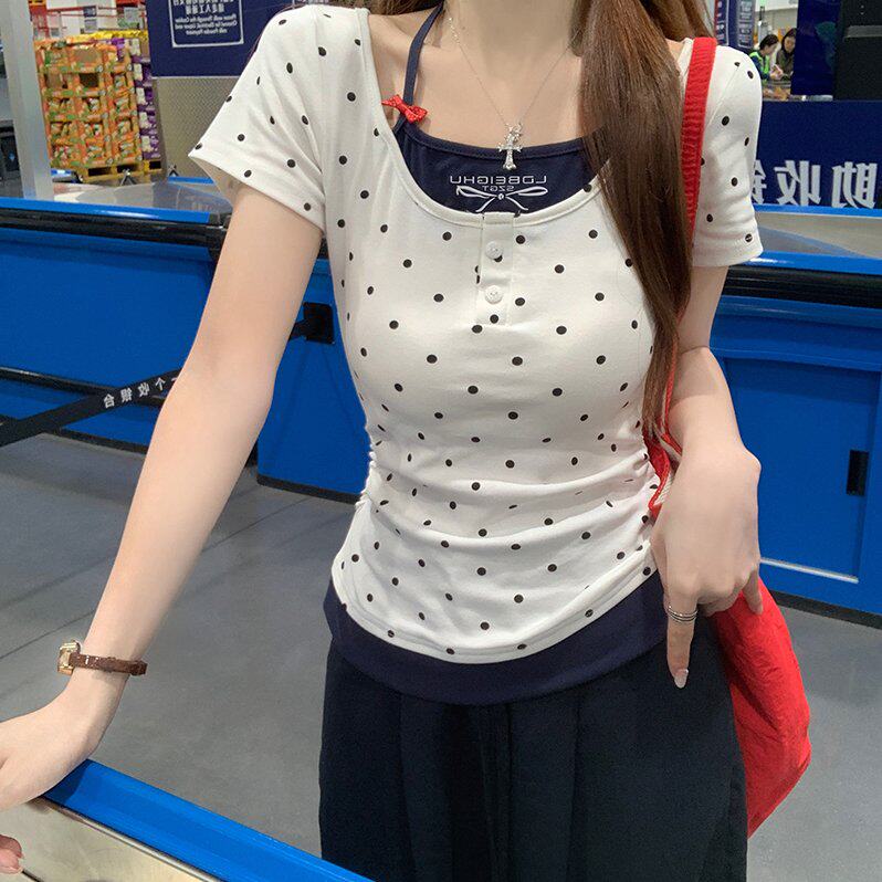 实拍纯棉螺纹210克短袖t恤女装夏新款韩系波点假两件上衣