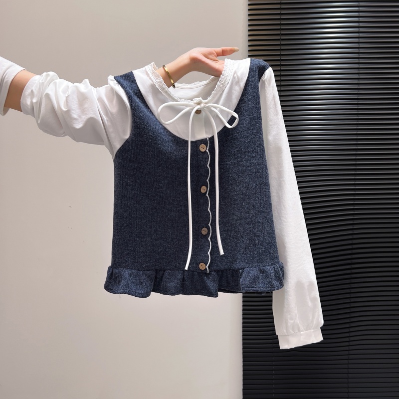 实拍独特针织拼接假两件长袖衬衫女2025秋冬季新款遮肚衬衣上衣