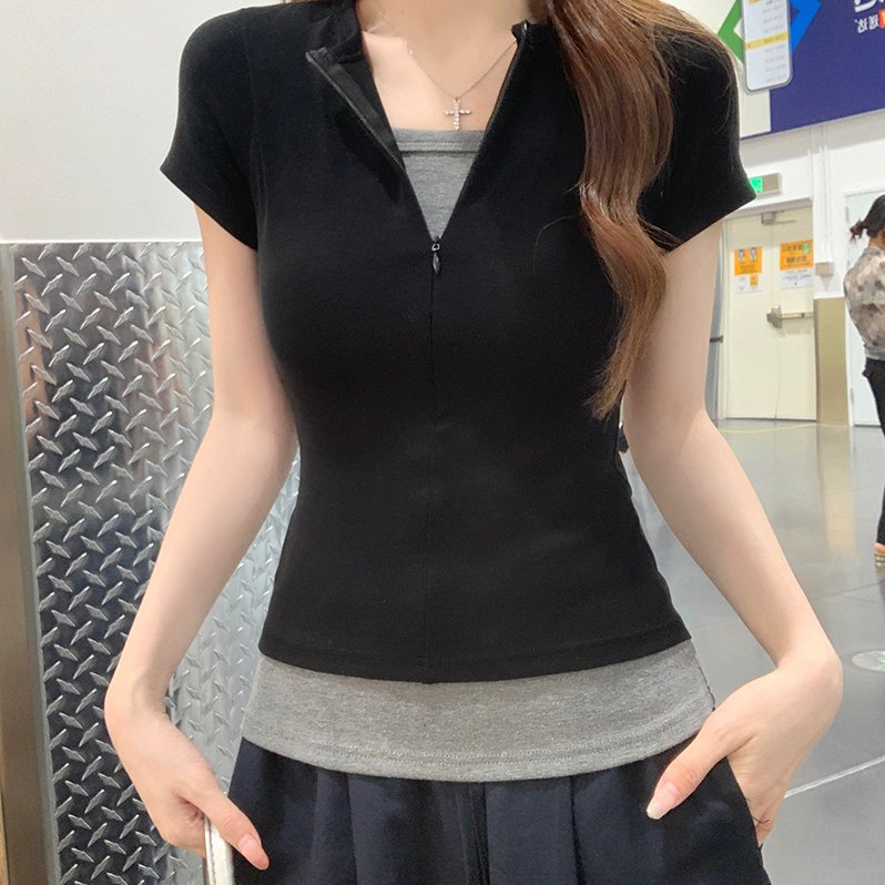 实拍纯棉螺纹短袖t恤女装夏季新款纯色假两件拉链V领上衣