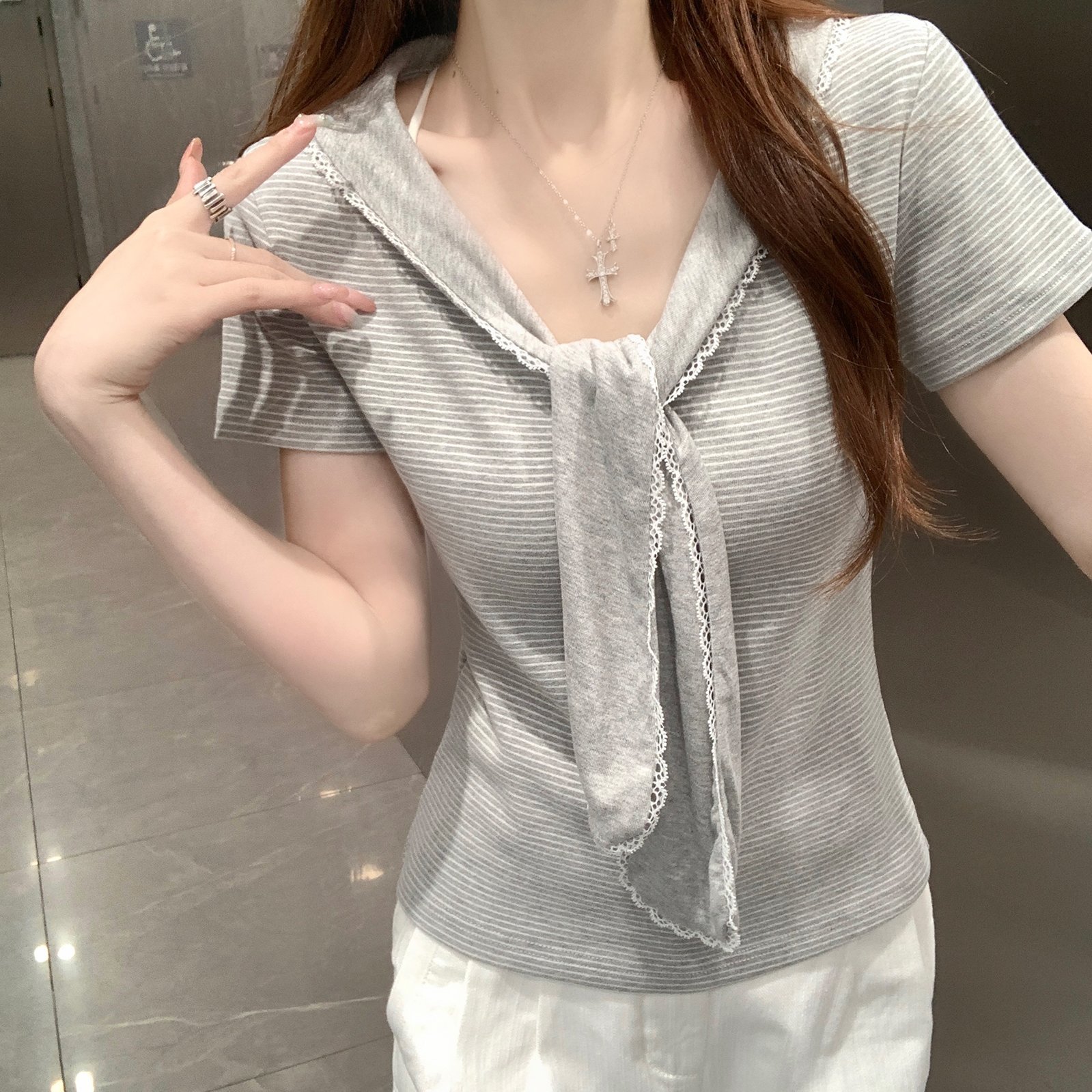 实拍220克天丝混纺短袖t恤女装夏新款韩系假两件显瘦披肩上衣