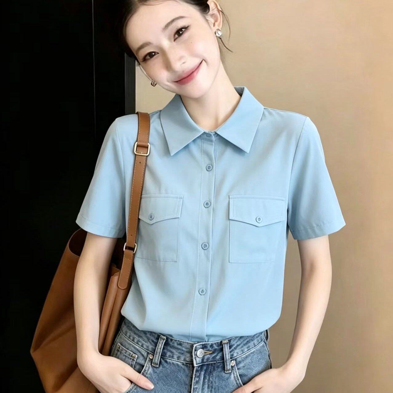 实拍有货2026夏季新款双口袋蓝色短袖衬衫女休闲气质百搭减龄上衣