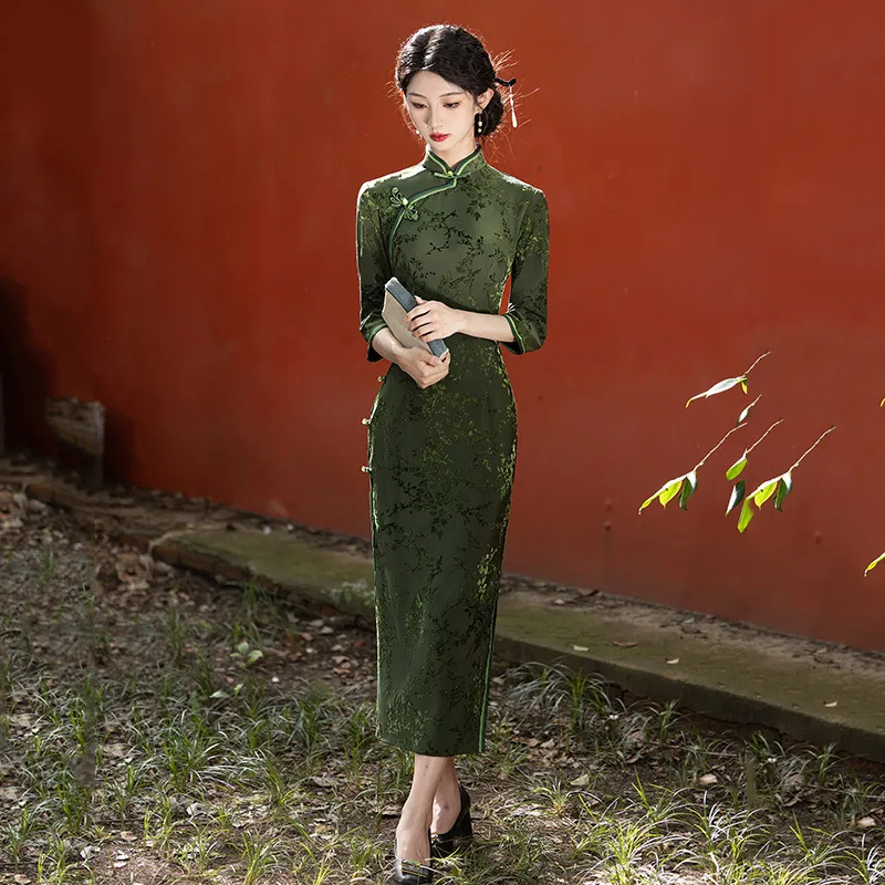 老上海中式长款改良旗袍2024新款年轻款女国风复古中长袖日常春秋