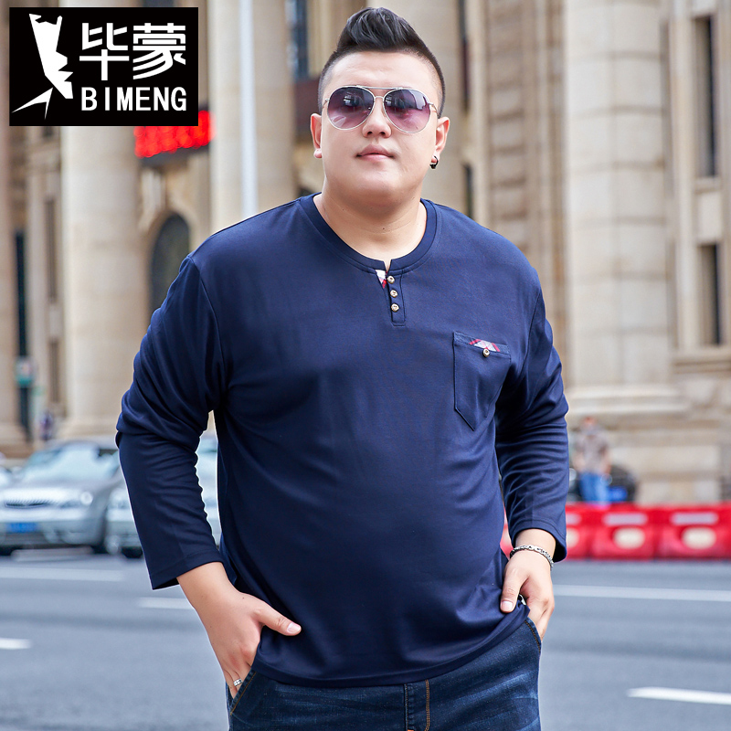 毕蒙加肥加大码长袖t恤宽松打底衫男士秋季印花体恤V领肥佬衣服潮