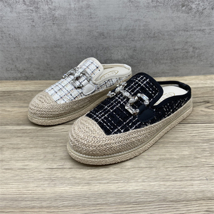 2025新款小香风草编渔夫鞋女外穿懒人包头半拖鞋百搭水钻凉拖防滑