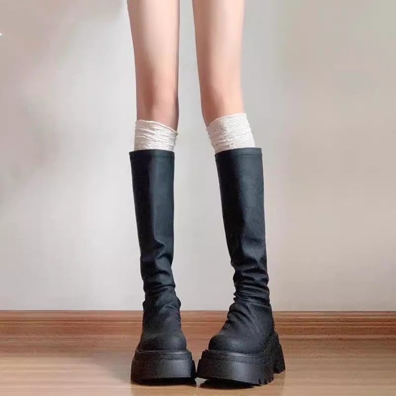 花边过膝袜子配长筒靴日系白色高筒堆堆袜女秋冬保暖纯棉jk小腿袜