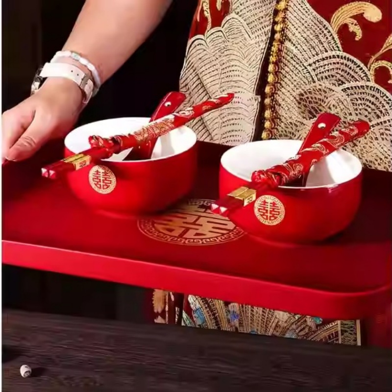 敬茶杯结婚套装一对喜碗筷杯子婚礼红色改口茶具敬酒陪嫁用品大全