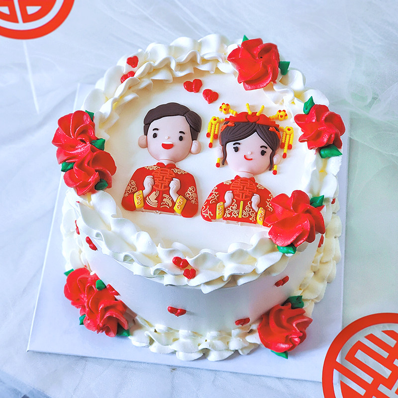 中式新娘结婚蛋糕插件生日蛋糕装饰喜庆纪念日蛋糕软胶装饰摆件
