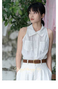 法式polo无袖背心新款夏季高级休闲上衣亚麻削肩翻直角肩无袖衬衫