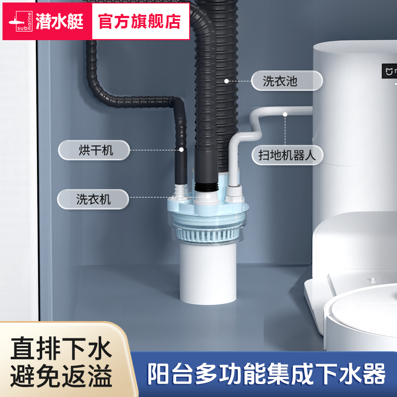 潜水艇洗衣机下水管三通厨房下水管三通多功能集成下水器排水器