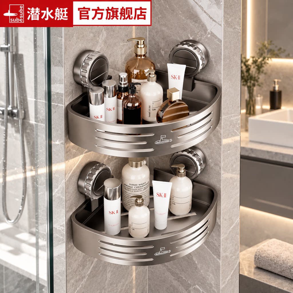 潜水艇卫生间吸盘置物架三角架免打孔浴室壁挂式洗漱台转角收纳架