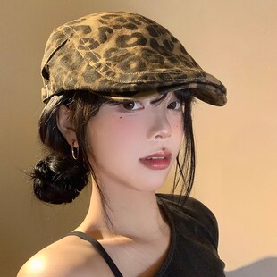 豹纹前进帽女秋贝雷帽大头围显脸小美式辣妹鸭舌帽画家帽报童帽
