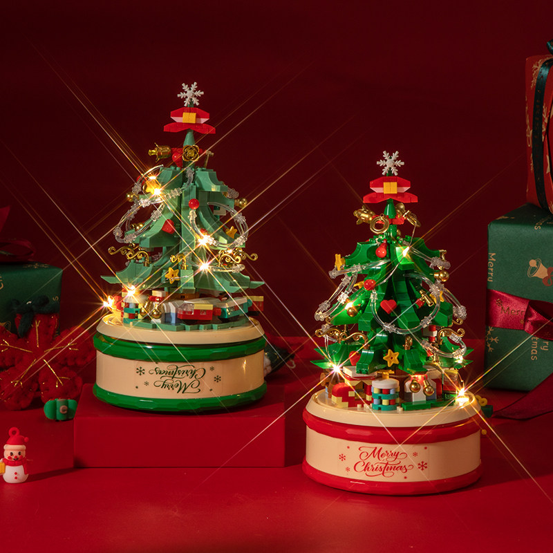 新品圣诞节微型颗粒益智拼装玩具女孩子八音盒礼物圣诞树积木奖品