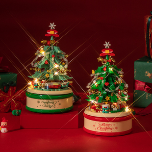 新品圣诞节微型颗粒益智拼装玩具女孩子八音盒礼物圣诞树积木奖品