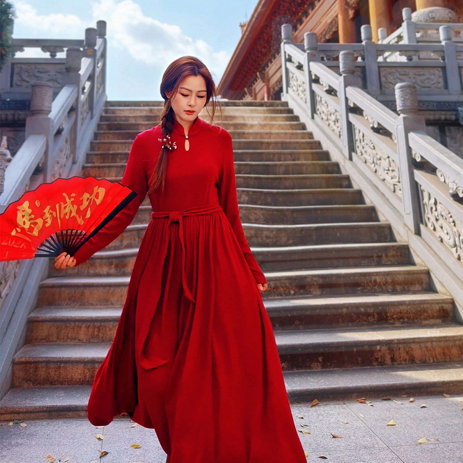 【董艺旅行穿搭】红梅新中式连衣裙送红梅胸针厚款针织长袖连衣裙,女装/女士精品,连衣裙,淘宝优惠券,粉丝福利购,淘宝优惠卷