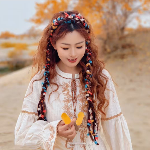 复古毛绒美拉德彩色长流苏飘带发箍藏族麻花辫头箍波西米亚发饰女