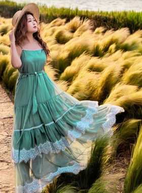 【董艺旅行穿搭】仲夏夜之梦吊带裙蕾丝仙女风长款度假裙