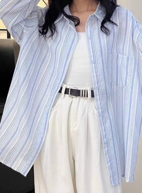 春季文艺气质条纹衬衫女长袖中长款宽松显瘦衬衣韩版百搭夏天上衣
