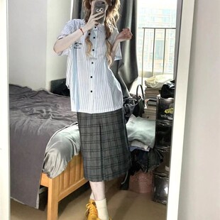夏季刺绣蓝色条纹衬衫女短袖宽松休闲慵懒风衬衣外穿薄款夏天上衣