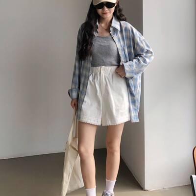 美式甜酷风撞色蓝格子衬衫女长袖百搭可爱休闲春季叠穿盐系外套潮