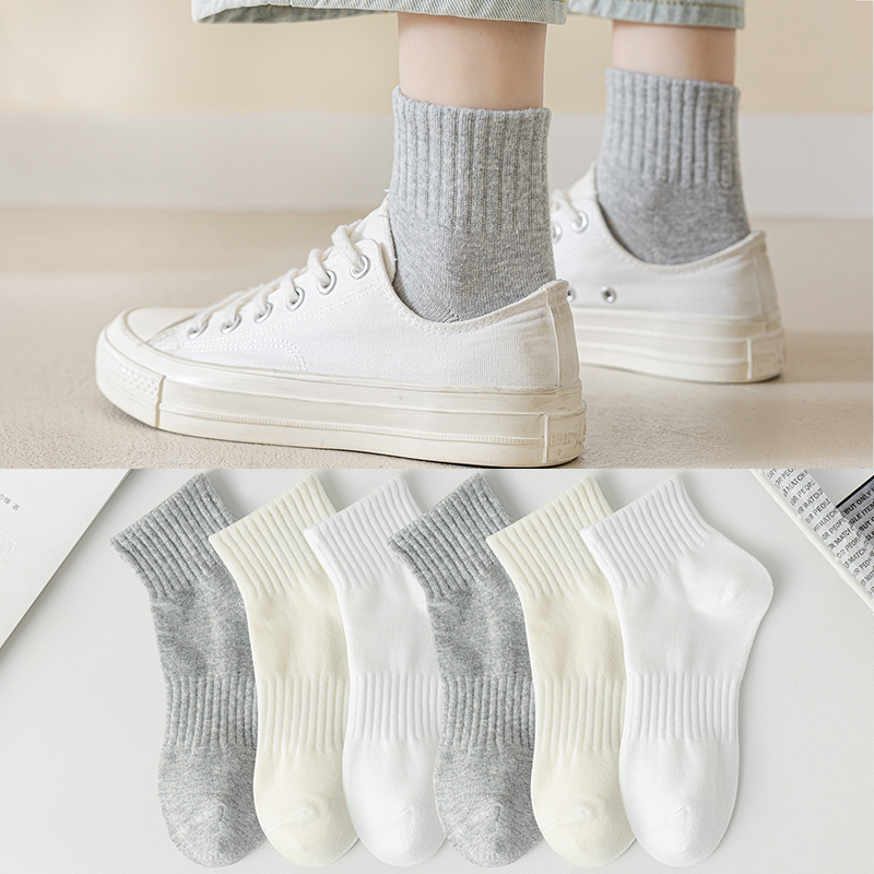 灰色袜子女款中筒纯棉秋冬薄款女士短袜纯色运动春秋款学生棉袜