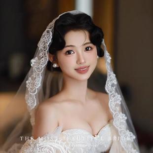 法式 复古头纱新娘主婚纱拖尾蕾丝花边领证登记求婚头饰浪漫高级感