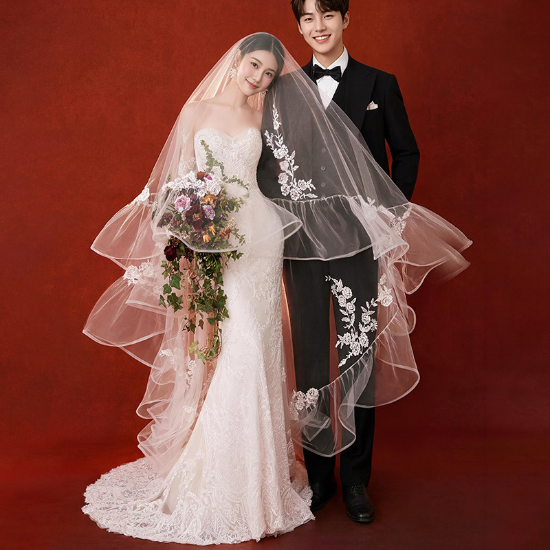 小众荷叶边蕾丝头纱新娘主婚纱超仙氛围婚礼头饰拍照道具中式优雅