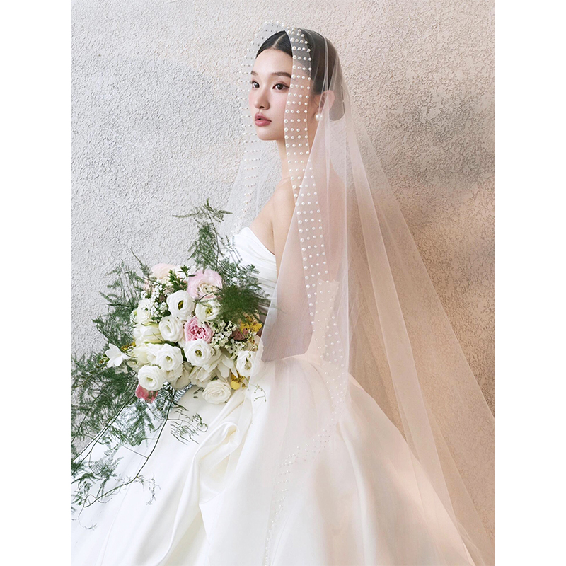 超仙氛围感头纱新娘主婚纱造型发饰高级珍珠头饰大气简约法式软纱
