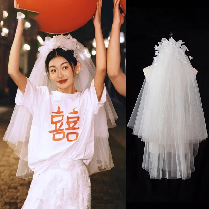 头纱领证手捧花街拍造型蓬蓬纱高级感求婚小头饰新娘结婚发饰小众