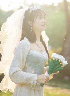 新娘头纱主婚纱领证登记求婚小头纱头饰结婚拍照道具钉珠短款白色