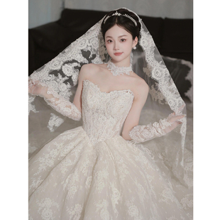 法式 蕾丝头纱新娘主婚纱复古大拖尾超仙重工造型纱高级感拍照道具