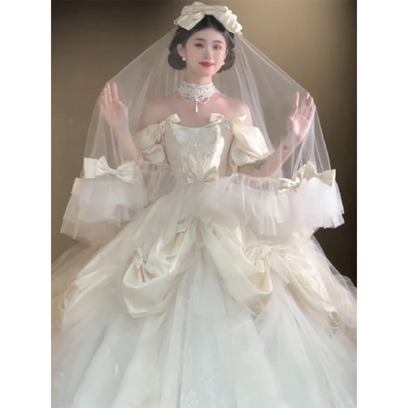 法式头纱新娘主婚纱绝美公主头饰超仙领证蝴蝶结发饰高级质感