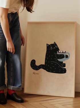 治愈系卡通装饰画黑猫咖啡厅