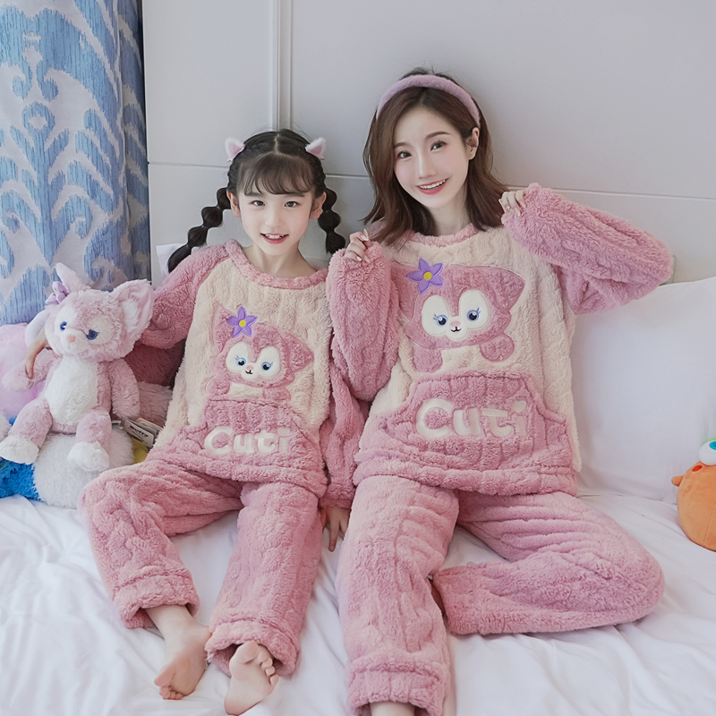 冬季亲子母女款儿童法兰绒保暖睡衣卡通可爱加厚珊瑚绒家居服套装