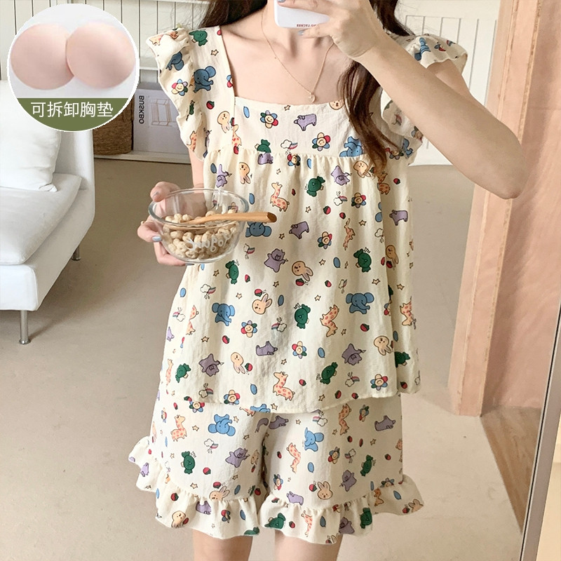 夏季可爱少女睡衣吊带带胸垫套装